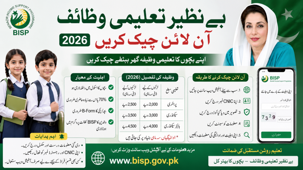Benazir Taleemi Wazaif Check Online 2026 – Complete Guide (CNIC, Eligibility & Payment Details)